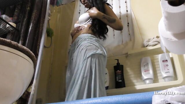 South indian maid cleaning bathroom and showering cam