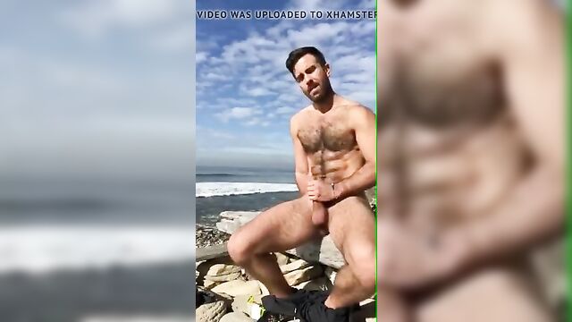 super hot hairy man jerks of on the beach