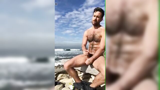 super hot hairy man jerks of on the beach