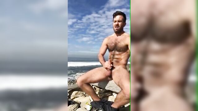 super hot hairy man jerks of on the beach