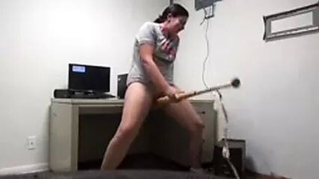 Ugly girl fucking a baseball bat