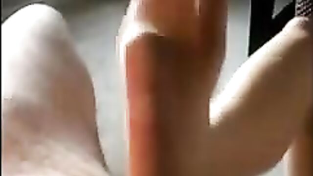 She Traps his cock in her Nylon with her Foot & Cum