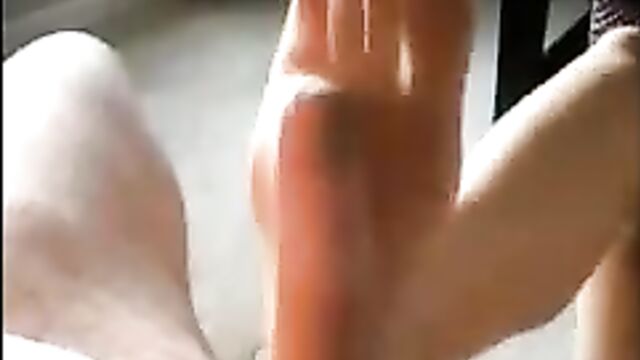 She Traps his cock in her Nylon with her Foot & Cum