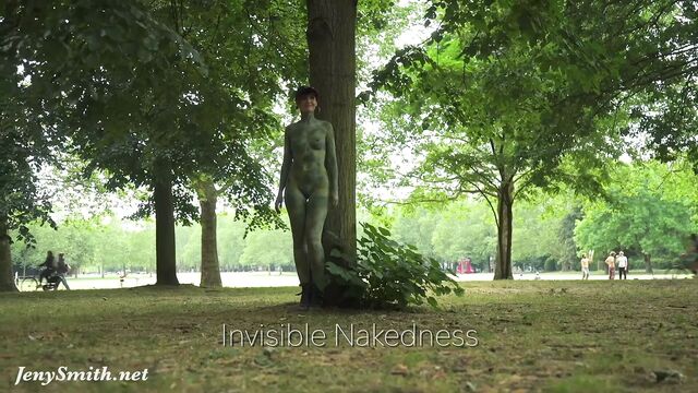 Invisible nakedness in the city. Body Art with public nude