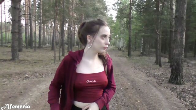 Doggystyle Fucked Girl Walking in the Forest with Naked Tits