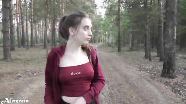 Doggystyle Fucked Girl Walking in the Forest with Naked Tits