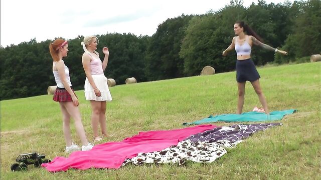 Yoga and Gymnastics Outdoors without Panties in School Uniform Miniskirt with Hot Tight Pussy, Fitness Girls, Bare Asses