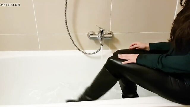 High heel leather boots wet in the bathtub