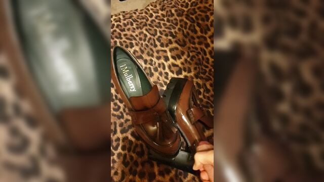 Cum over wife's new loafer heels