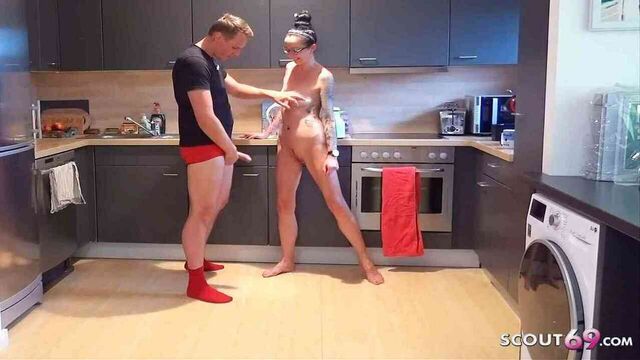 Skinny German Mom caught naked in kitchen and Seduced to Fuck