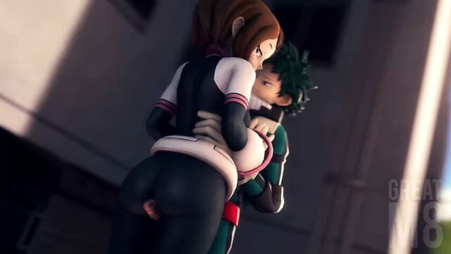 Ochako gives Deku a thighjob