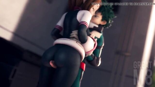 Ochako gives Deku a thighjob