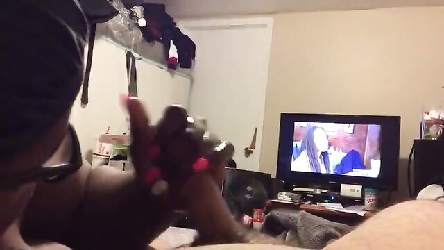 Hot ebony handjobs white hubby in front of tv - huge nut