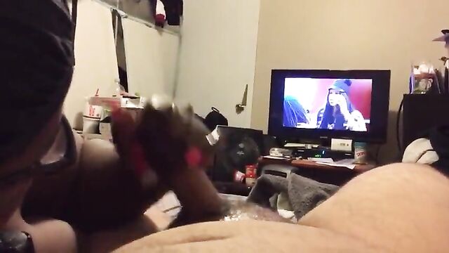 Hot ebony handjobs white hubby in front of tv - huge nut