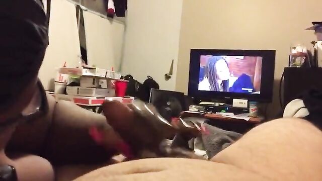 Hot ebony handjobs white hubby in front of tv - huge nut