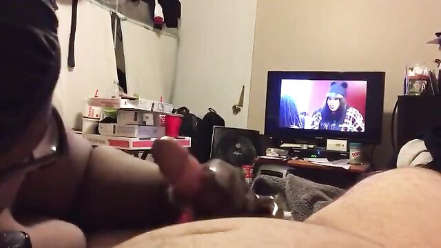 Hot ebony handjobs white hubby in front of tv - huge nut