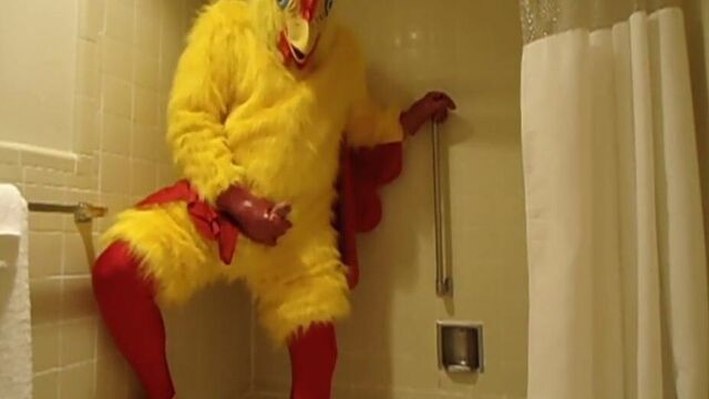 Chicken Costume With Spandex and Rubber Masturbating