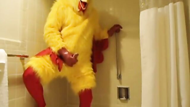 Chicken Costume With Spandex and Rubber Masturbating