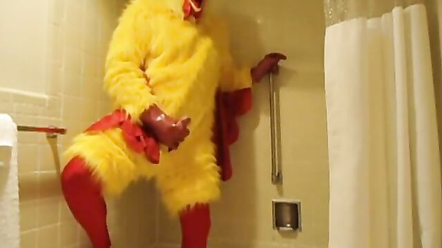 Chicken Costume With Spandex and Rubber Masturbating