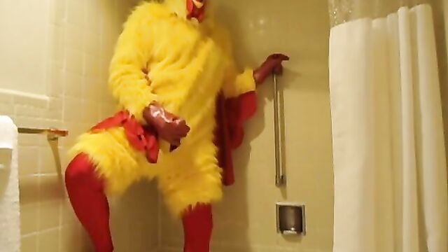 Chicken Costume With Spandex and Rubber Masturbating