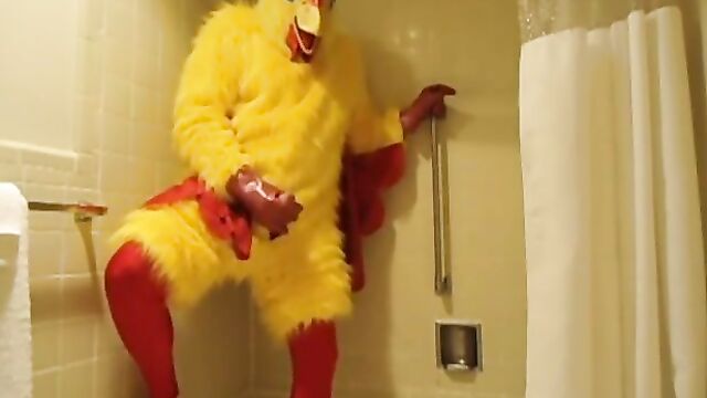 Chicken Costume With Spandex and Rubber Masturbating