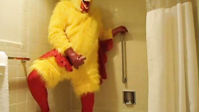 Chicken Costume With Spandex and Rubber Masturbating