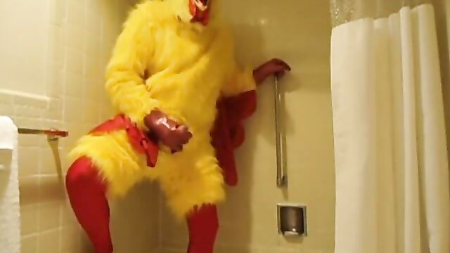 Chicken Costume With Spandex and Rubber Masturbating