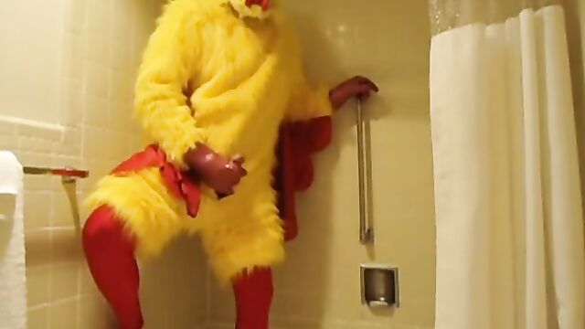 Chicken Costume With Spandex and Rubber Masturbating