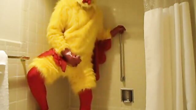 Chicken Costume With Spandex and Rubber Masturbating