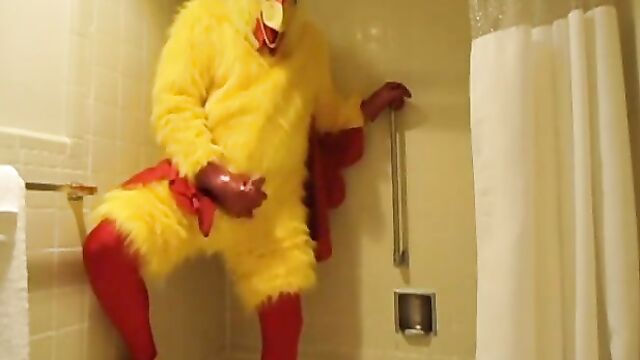 Chicken Costume With Spandex and Rubber Masturbating