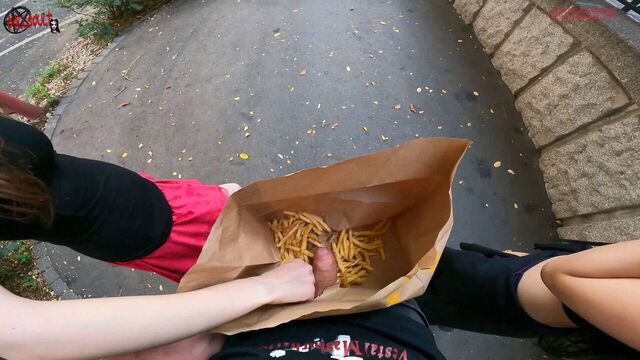 Public double handjob in the fries bag... I'm jerking it!