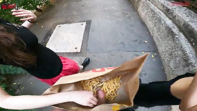 Public double handjob in the fries bag... I'm jerking it!