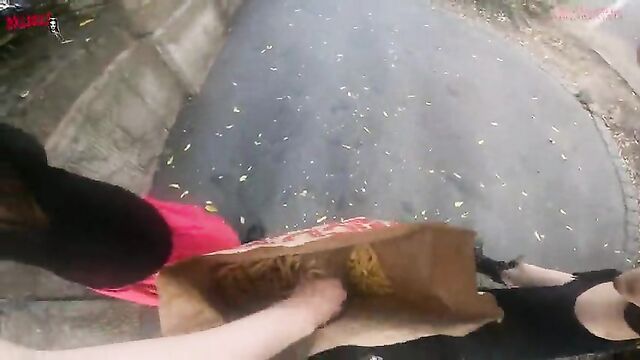 Public double handjob in the fries bag... I'm jerking it!