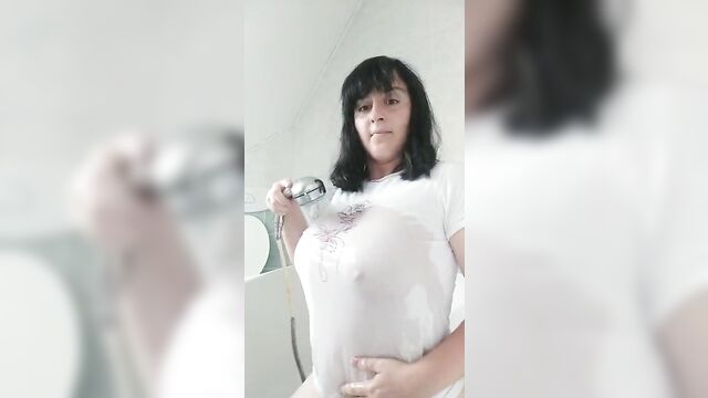 Young Teacher playing with boobs in the shower