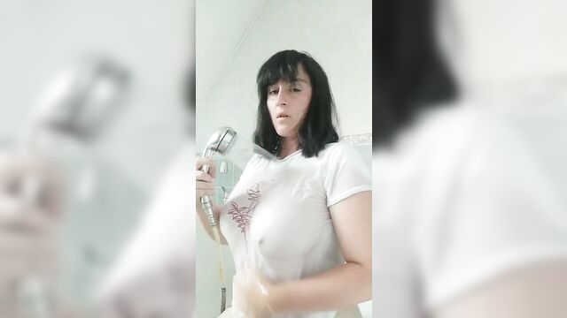 Young Teacher playing with boobs in the shower