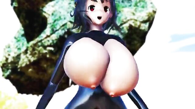 MMD 3D huge tits girl in a tight school swimsuit