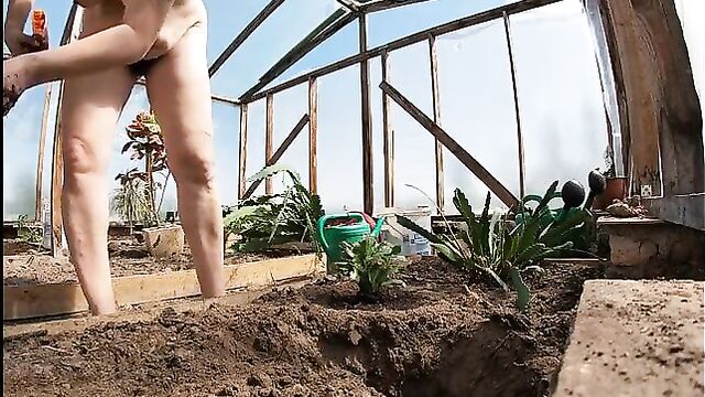 Naked Greenhouse Worker Planting Cacti