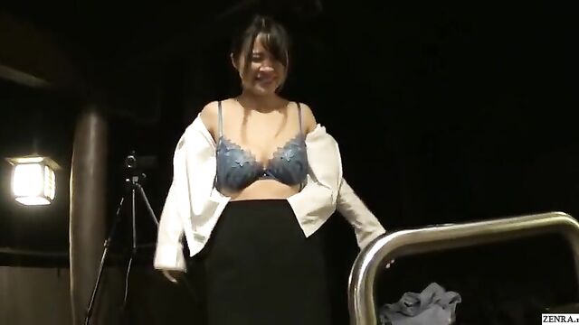 Shy busty Japanese new hire bathes with cheating wives