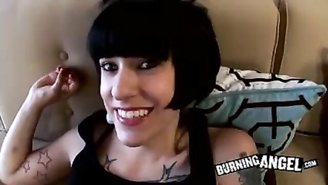 Black hair emo goth girl gives a POV blowjob and fucks