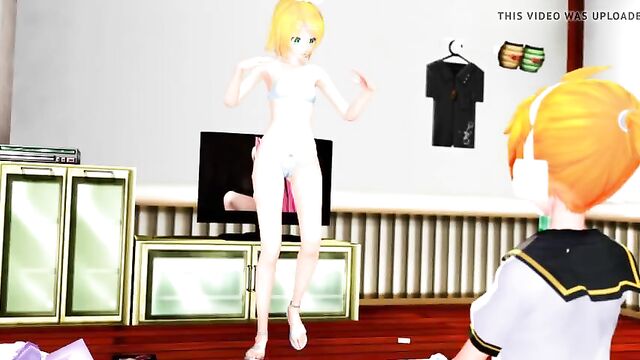 (MMD) Kagamine Rin strips butt-naked for her horny brother!