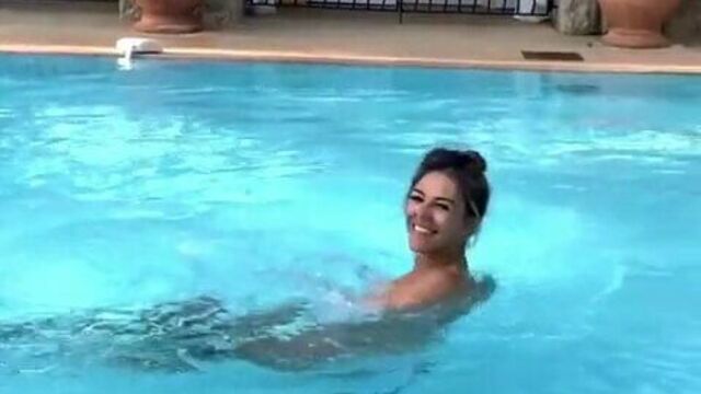 Elizabeth Hurley - Topless in swimming pool, August 22, 2018