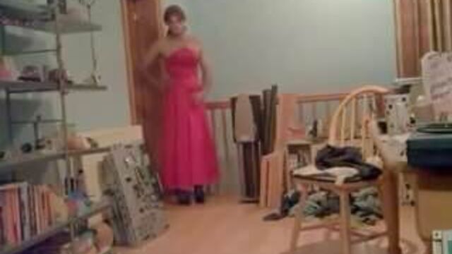 Crossdressing in a sexy red prom dress