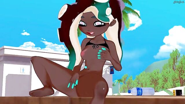 Marina Ida fingers her pussy on the beach. Splatoon 2 Hentai