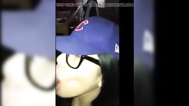 Amateaur Asian slut taking cum on her face,glasses and hat