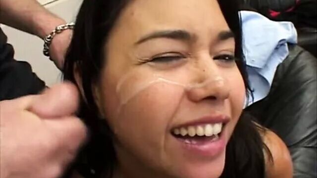 Dana takes a cum facial while on the phone and interview