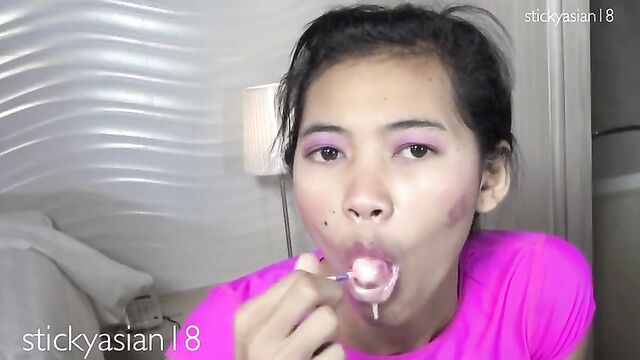 stickyasian18 Cherry takes sticky cock in her pretty mouth