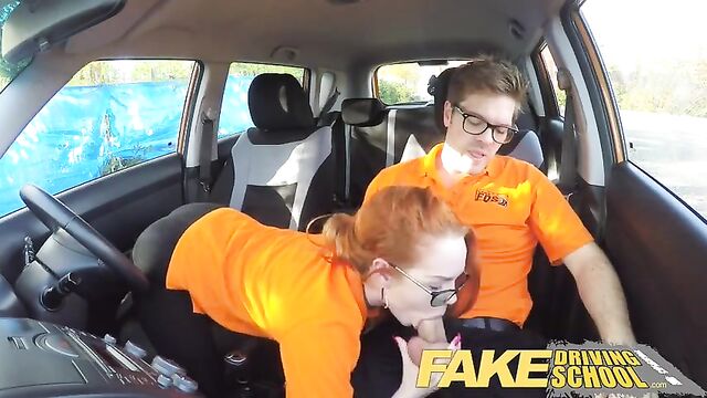 Fake Driving School Creampie in nerdy ginger teen hairy muff