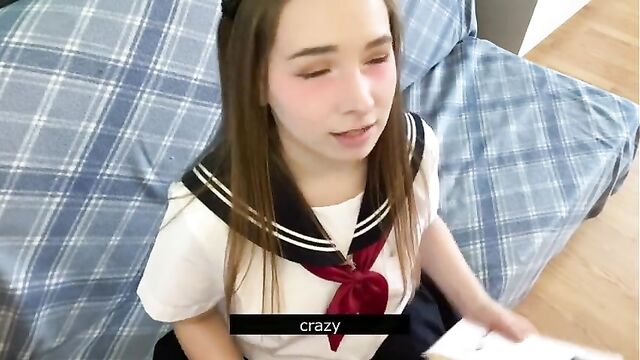 Cutie in Japanese school uniform touches your cock and gets embarrassed